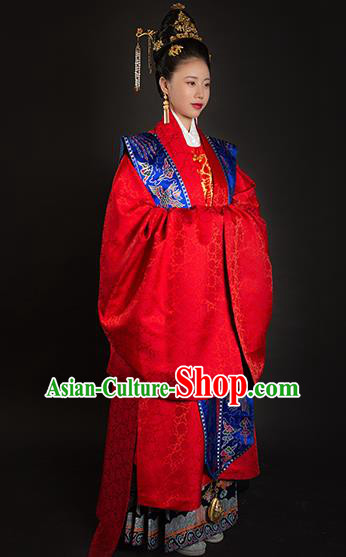 Traditional Chinese Ancient Ming Dynasty Imperial Empress Wedding Red Embroidered Historical Costume and Headpiece Complete Set