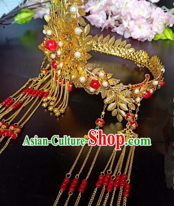 Chinese Handmade Hanfu Wedding Golden Tassel Phoenix Coronet Hairpins Traditional Ancient Princess Hair Accessories for Women