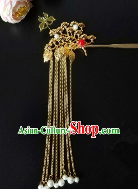 Chinese Handmade Hanfu Palace Golden Pine Hair Clip Tassel Hairpins Traditional Ancient Princess Hair Accessories for Women