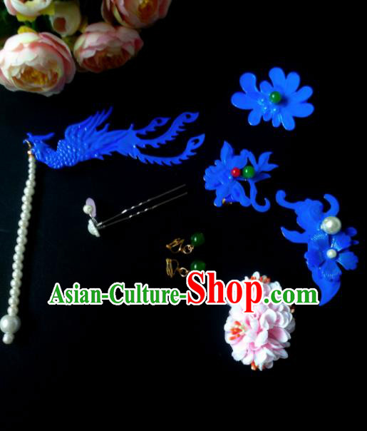 Chinese Handmade Hanfu Palace Blue Phoenix Hair Clip Hairpins Traditional Ancient Princess Hair Accessories for Women