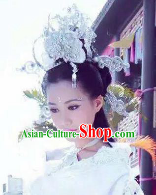 Handmade Chinese White Phoenix Coronet Traditional Hanfu Hairpins Ancient Ming Dynasty Princess Hair Accessories for Women
