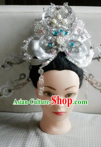 Handmade Chinese White Phoenix Coronet Traditional Hanfu Hairpins Ancient Ming Dynasty Princess Hair Accessories for Women