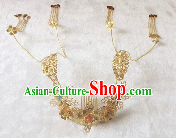 Handmade Chinese Traditional Hanfu Golden Hair Comb Hairpins Ancient Tang Dynasty Princess Hair Accessories for Women