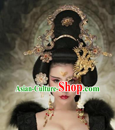 Chinese Handmade Hanfu Palace Lady Golden Phoenix Coronet Mask Hairpins Traditional Ancient Imperial Consort Hair Accessories for Women