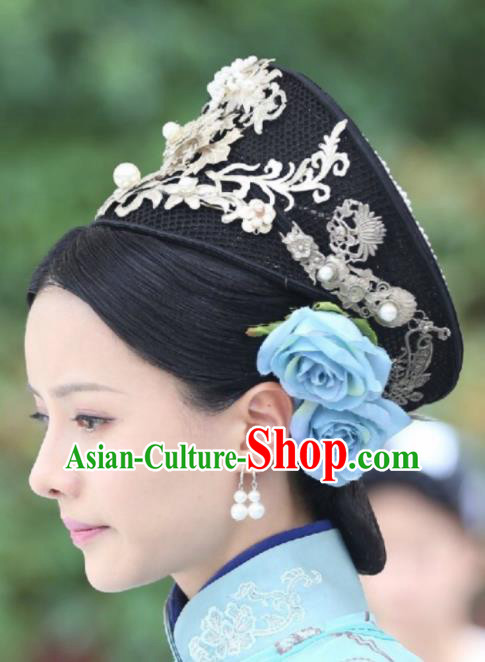 Chinese Handmade Hanfu Qing Dynasty Royal Lady Hat Traditional Ancient Imperial Consort Hair Accessories for Women