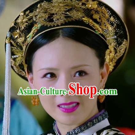 Chinese Handmade Hanfu Qing Dynasty Royal Lady Golden Hat and Hairpins Traditional Ancient Imperial Consort Hair Accessories for Women