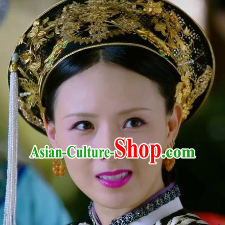 Chinese Handmade Hanfu Qing Dynasty Royal Lady Golden Hat and Hairpins Traditional Ancient Imperial Consort Hair Accessories for Women