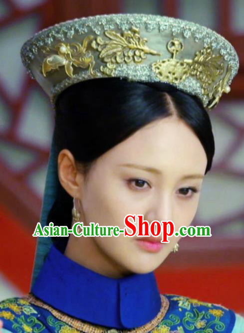 Chinese Handmade Hanfu Qing Dynasty Palace Golden Hat Traditional Ancient Imperial Consort Hair Accessories for Women