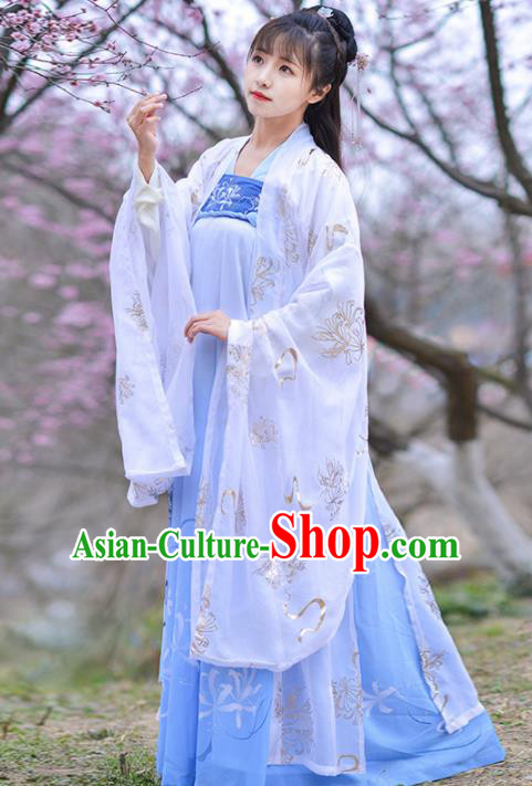 Chinese Ancient Peri Goddess Embroidered Hanfu Dress Traditional Tang Dynasty Historical Costume for Women