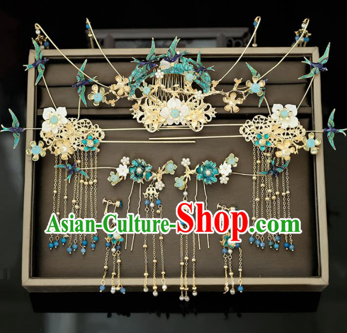 Handmade Chinese Ancient Wedding Blueing Birds Tassel Phoenix Coronet Hairpins Traditional Bride Hanfu Hair Accessories for Women