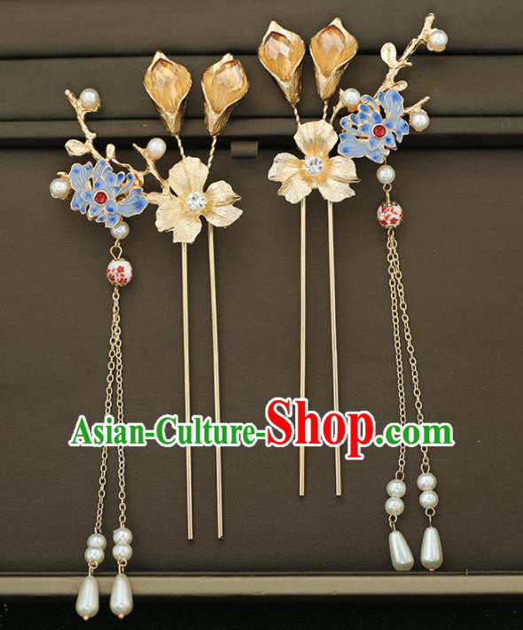 Handmade Chinese Traditional Hair Accessories Ancient Princess Blueing Lotus Hairpins for Women