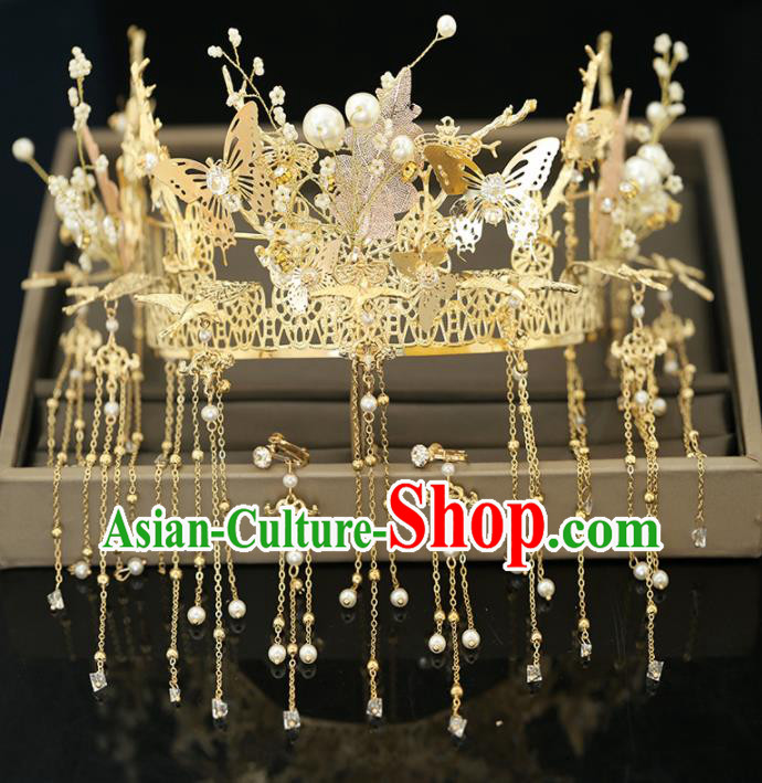 Handmade Chinese Ancient Wedding Butterfly Tassel Phoenix Coronet Hairpins Traditional Bride Hanfu Hair Accessories for Women