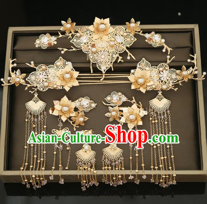 Handmade Chinese Ancient Wedding Golden Flowers Hair Comb Hairpins Traditional Bride Hanfu Hair Accessories for Women