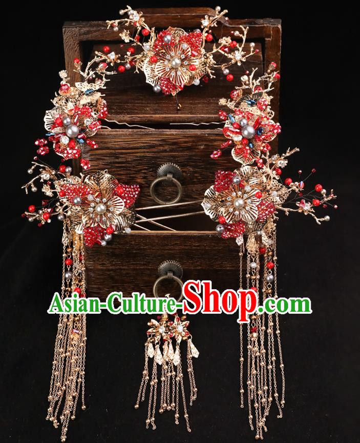 Handmade Chinese Wedding Red Crystal Hair Comb Tassel Hairpins Ancient Traditional Hanfu Hair Accessories for Women