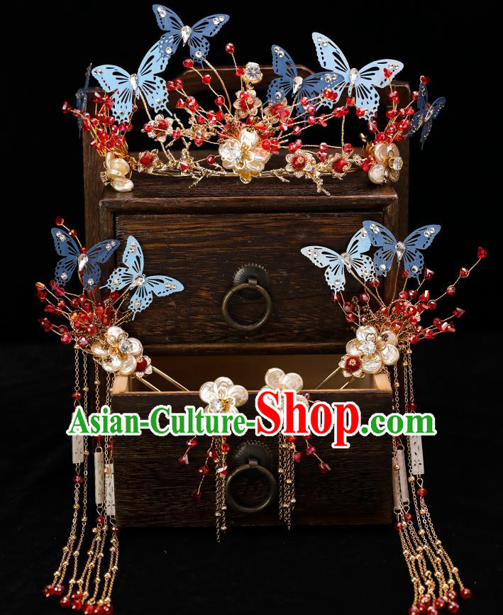 Handmade Chinese Wedding Tassel Blue Butterfly Hair Crown Hairpins Ancient Traditional Hanfu Hair Accessories for Women