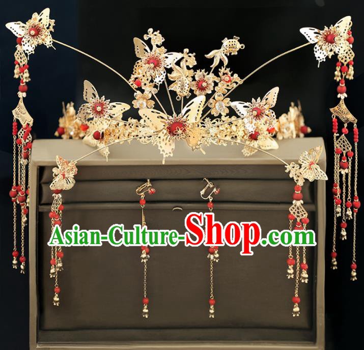 Handmade Chinese Ancient Wedding Hairpins Butterfly Phoenix Coronet Traditional Bride Hanfu Hair Accessories for Women