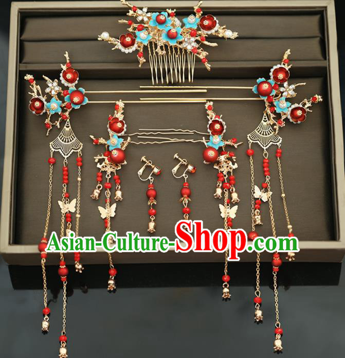 Handmade Chinese Ancient Wedding Hairpins Red Beads Hair Comb Traditional Bride Hanfu Hair Accessories for Women