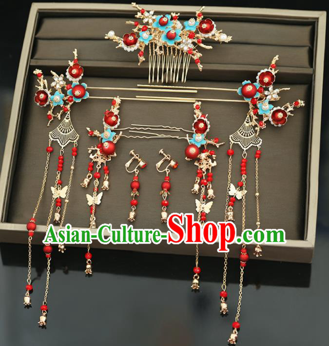Handmade Chinese Ancient Wedding Hairpins Red Beads Hair Comb Traditional Bride Hanfu Hair Accessories for Women