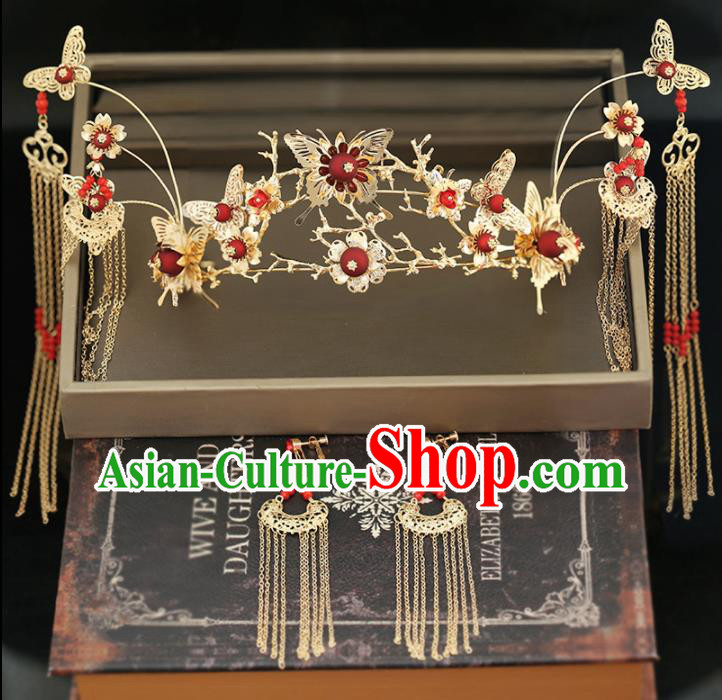 Handmade Chinese Ancient Wedding Tassel Hairpins Red Beads Phoenix Coronet Traditional Bride Hanfu Hair Accessories for Women