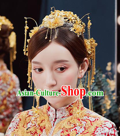 Handmade Chinese Wedding Golden Hair Crown Tassel Hairpins Ancient Traditional Hanfu Hair Accessories for Women