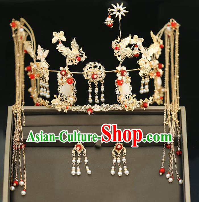 Handmade Chinese Ancient Wedding Tassel Hairpins Cranes Phoenix Coronet Traditional Bride Hanfu Hair Accessories for Women