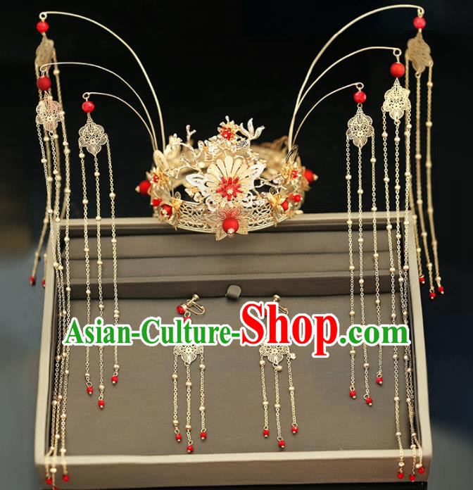 Handmade Chinese Ancient Wedding Tassel Hairpins Golden Phoenix Coronet Traditional Bride Hanfu Hair Accessories for Women