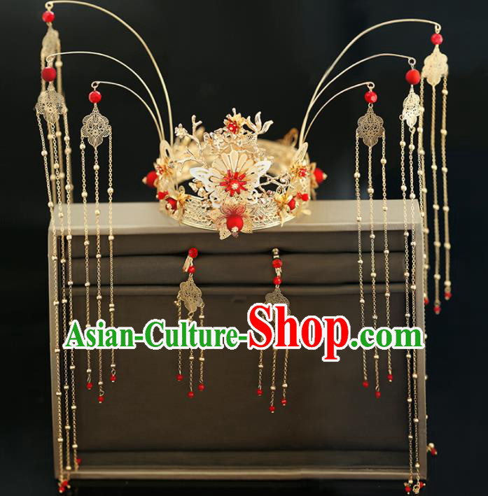 Handmade Chinese Ancient Wedding Tassel Hairpins Golden Phoenix Coronet Traditional Bride Hanfu Hair Accessories for Women