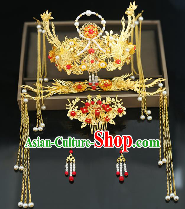 Handmade Chinese Ancient Wedding Hairpins Tassel Step Shake Pearls Phoenix Coronet Traditional Bride Hanfu Hair Accessories for Women