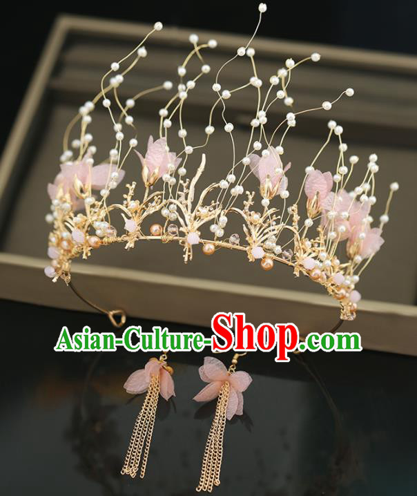 Top Grade Handmade Baroque Princess Pink Flowers Royal Crown Wedding Bride Hair Accessories for Women