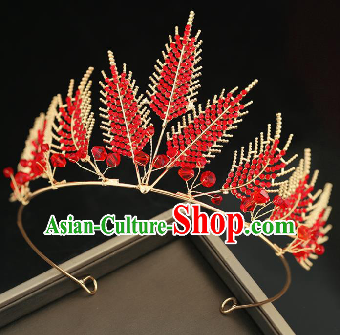 Top Grade Handmade Baroque Princess Red Crystal Leaf Royal Crown Wedding Bride Hair Accessories for Women