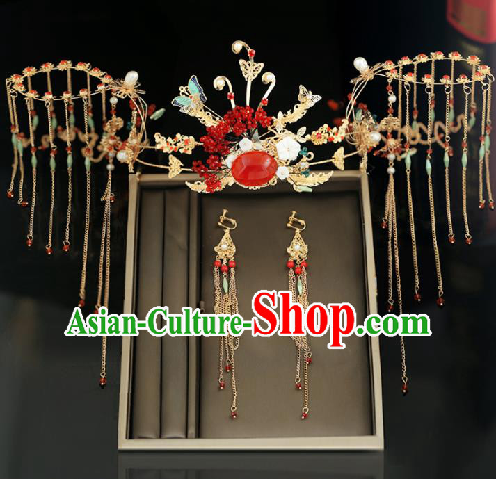 Handmade Chinese Ancient Wedding Hairpins Tassel Butterfly Phoenix Coronet Traditional Bride Hanfu Hair Accessories for Women