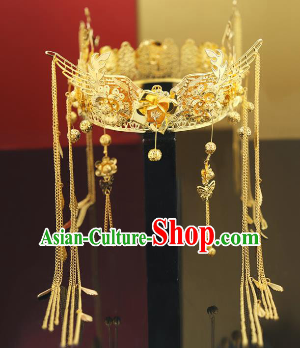 Handmade Chinese Ancient Wedding Tassel Golden Phoenix Coronet Hairpins Traditional Bride Hanfu Hair Accessories for Women