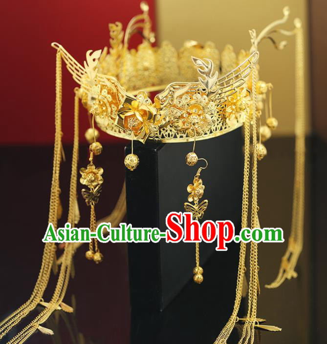 Handmade Chinese Ancient Wedding Tassel Golden Phoenix Coronet Hairpins Traditional Bride Hanfu Hair Accessories for Women