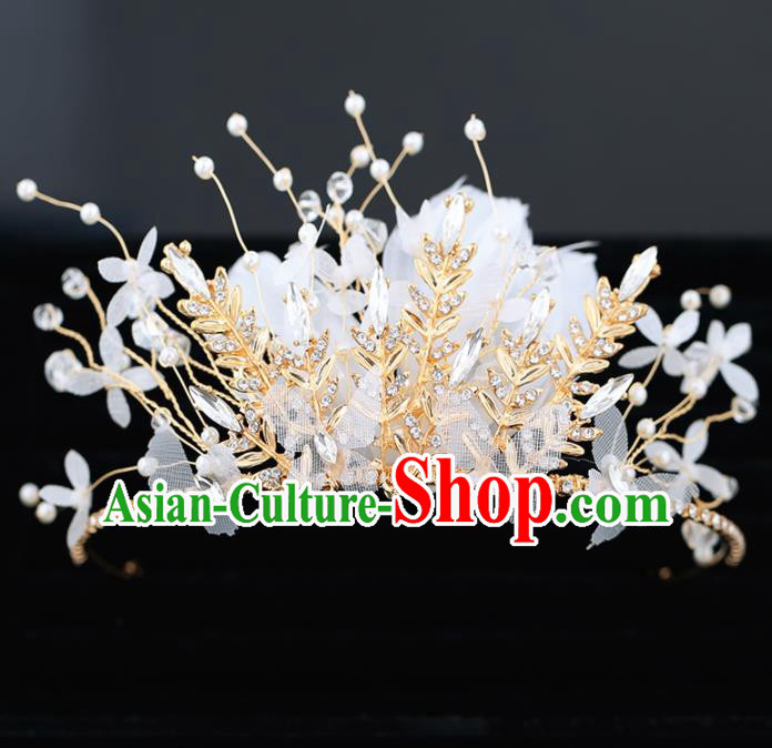 Top Grade Handmade Baroque Princess White Feather Royal Crown Wedding Bride Hair Accessories for Women