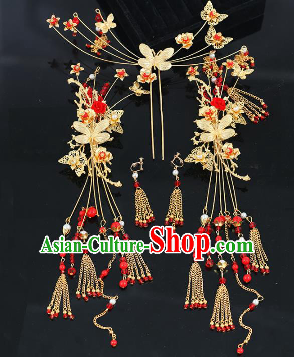 Handmade Chinese Ancient Wedding Bride Butterfly Hair Clips Tassel Hairpins Traditional Hanfu Hair Accessories for Women