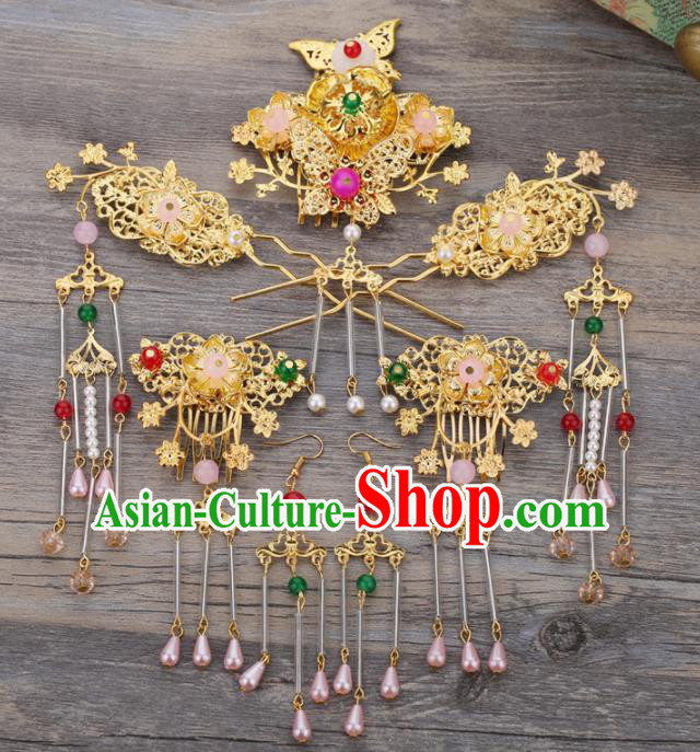 Handmade Chinese Ancient Wedding Bride Golden Hair Combs Tassel Hairpins Traditional Hanfu Hair Accessories for Women