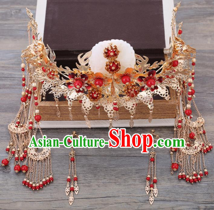 Handmade Chinese Ancient Wedding Bride Jade Phoenix Coronet Tassel Hairpins Traditional Hanfu Hair Accessories for Women