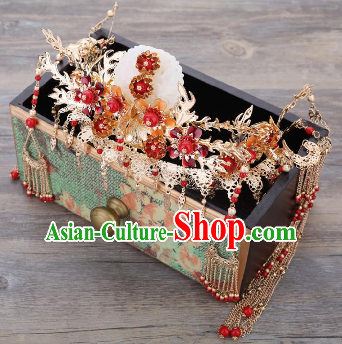 Handmade Chinese Ancient Wedding Bride Jade Phoenix Coronet Tassel Hairpins Traditional Hanfu Hair Accessories for Women