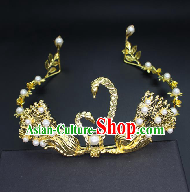 Top Grade Handmade Baroque Princess Golden Swan Royal Crown Wedding Bride Hair Accessories for Women