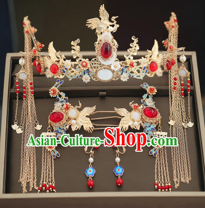 Handmade Chinese Ancient Wedding Blueing Agate Phoenix Coronet Tassel Hairpins Traditional Bride Hanfu Hair Accessories for Women