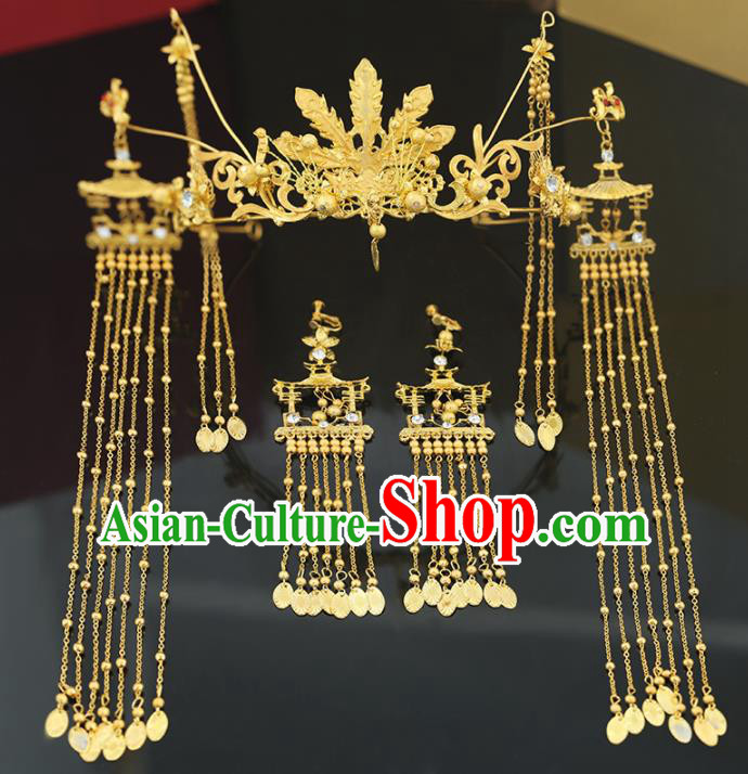 Handmade Chinese Ancient Wedding Bride Golden Phoenix Coronet Tassel Hairpins Traditional Hanfu Hair Accessories for Women