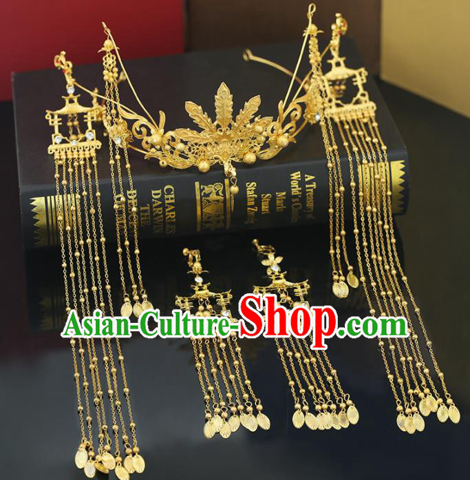 Handmade Chinese Ancient Wedding Bride Golden Phoenix Coronet Tassel Hairpins Traditional Hanfu Hair Accessories for Women