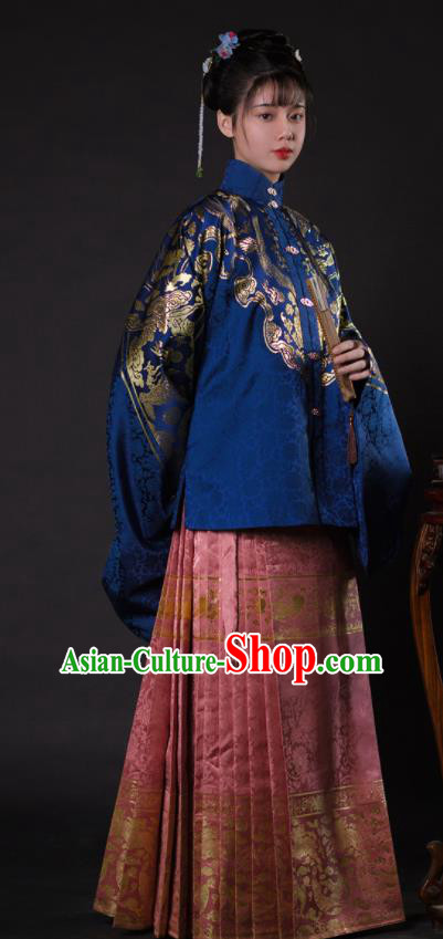 Chinese Ancient Princess Blue Brocade Blouse and Pink Skirt Traditional Ming Dynasty Imperial Consort Historical Costume for Women