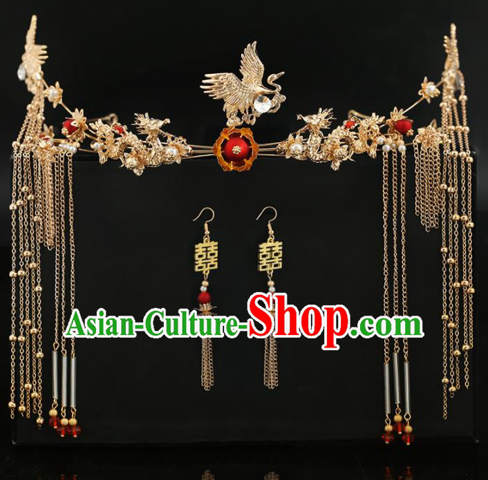 Handmade Chinese Ancient Wedding Bride Crane Hair Clasp Tassel Hairpins Traditional Hanfu Hair Accessories for Women