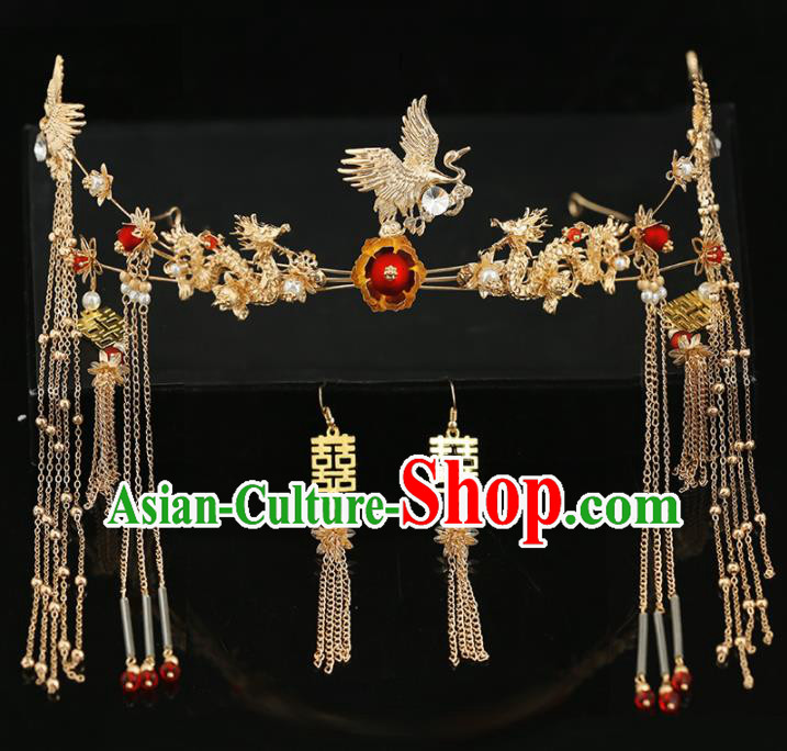 Handmade Chinese Ancient Wedding Bride Crane Hair Clasp Tassel Hairpins Traditional Hanfu Hair Accessories for Women