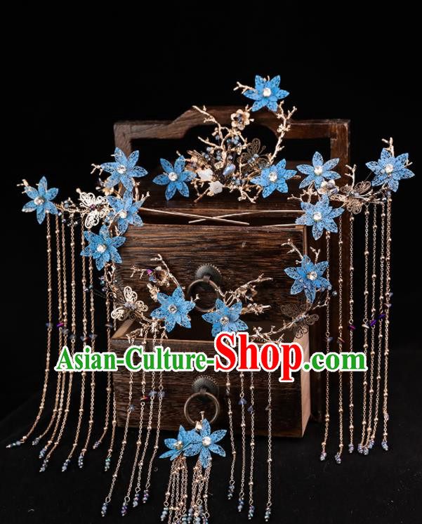 Handmade Chinese Wedding Hairpins Blue Flowers Phoenix Coronet Ancient Traditional Hanfu Hair Accessories for Women