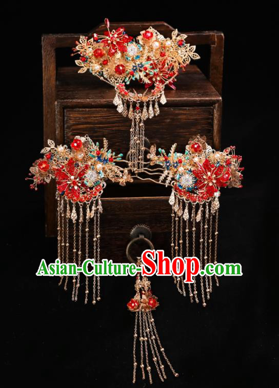 Handmade Chinese Wedding Red Flowers Hair Comb Hairpins Ancient Traditional Hanfu Hair Accessories for Women