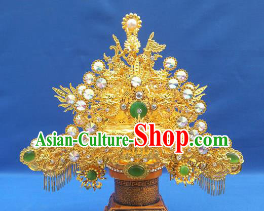 Handmade Chinese Ancient Goddess Queen Jade Golden Phoenix Coronet Hairpins Traditional Hanfu Hair Accessories for Women