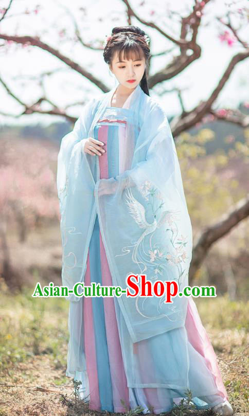 Chinese Tang Dynasty Nobility Lady Embroidered Blue Hanfu Dress Traditional Ancient Court Princess Historical Costume for Women