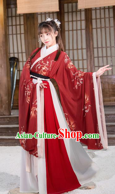 Chinese Jin Dynasty Palace Lady Red Hanfu Dress Traditional Ancient Court Princess Historical Costume for Women